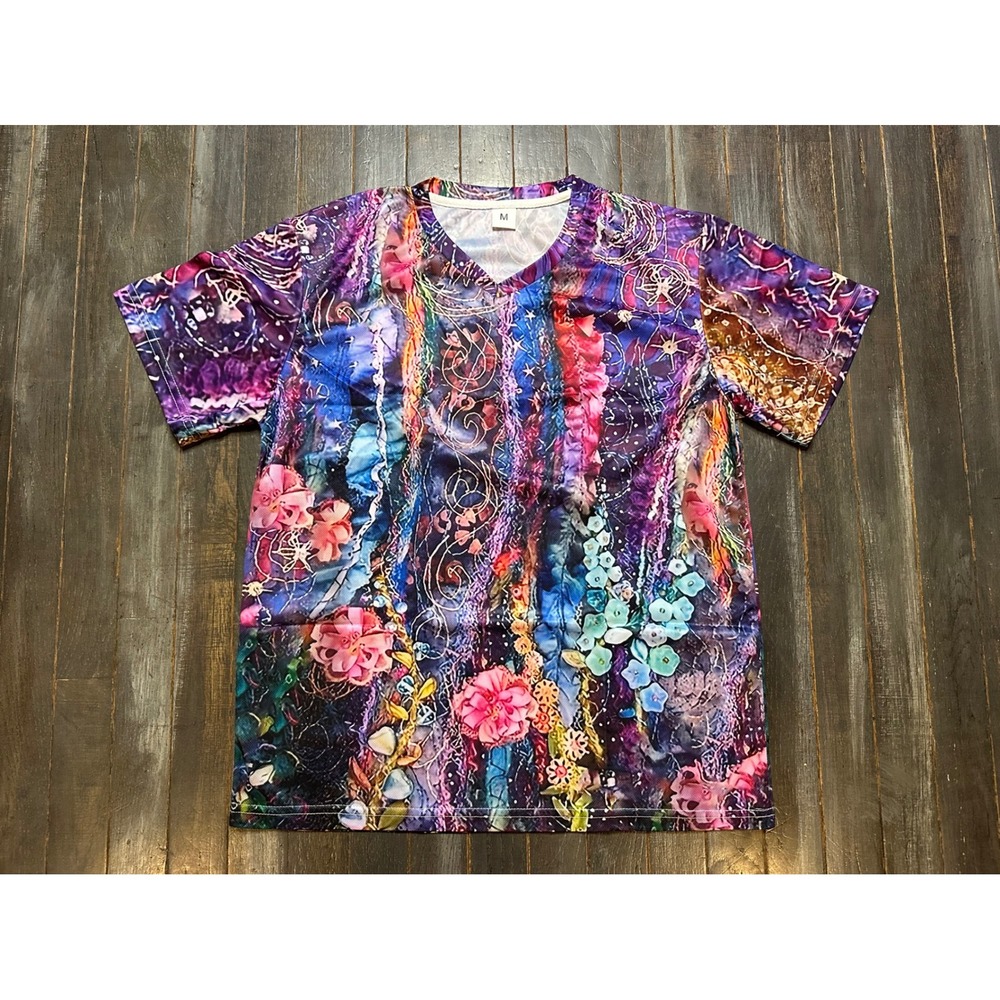 Vibrant Floral All Over Print V-Neck T-Shirt Purple Pink Blue Artistic Top